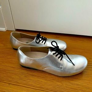 Birkenstock round toe silver lace-up flats from Japan